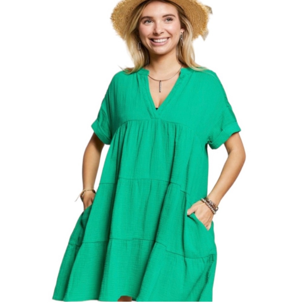 121. Kelly Green Gauze V-Neck Layered Babydoll Dress